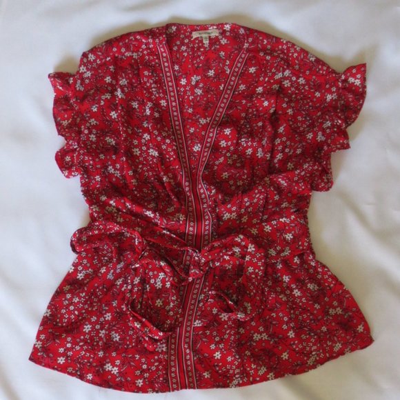 MAX STUDIO womens SHIRT blouse SHORT SLEEVE red SHEER ruffle HOLIDAY size LARGE - Picture 1 of 13